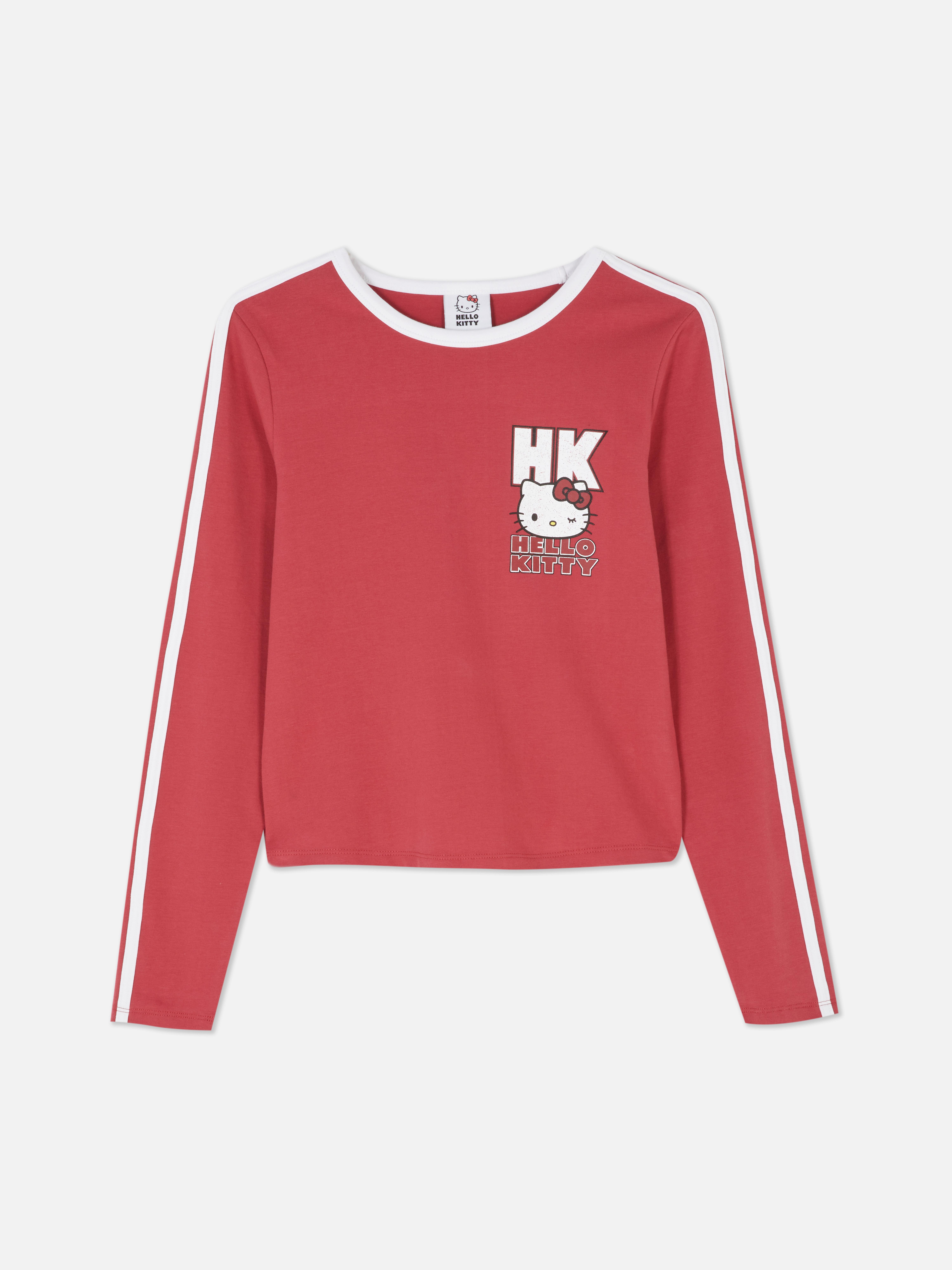 Tricou cu mânecă lungă Hello Kitty Un tricou cu guler rotund, mâneci lungi, dungi sport și logo Hello Kitty