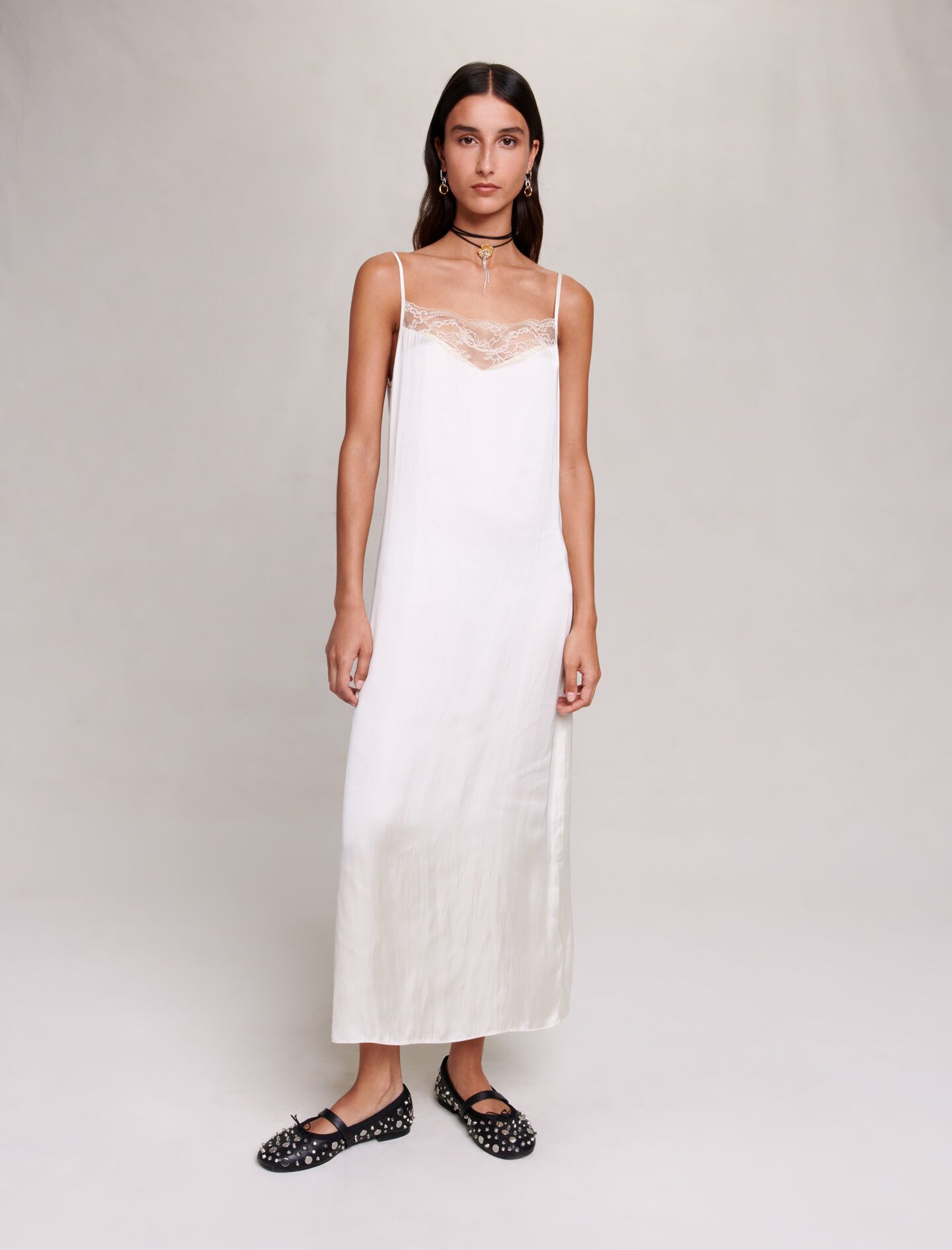 Rochie lungă din satin - Alb-gălbui