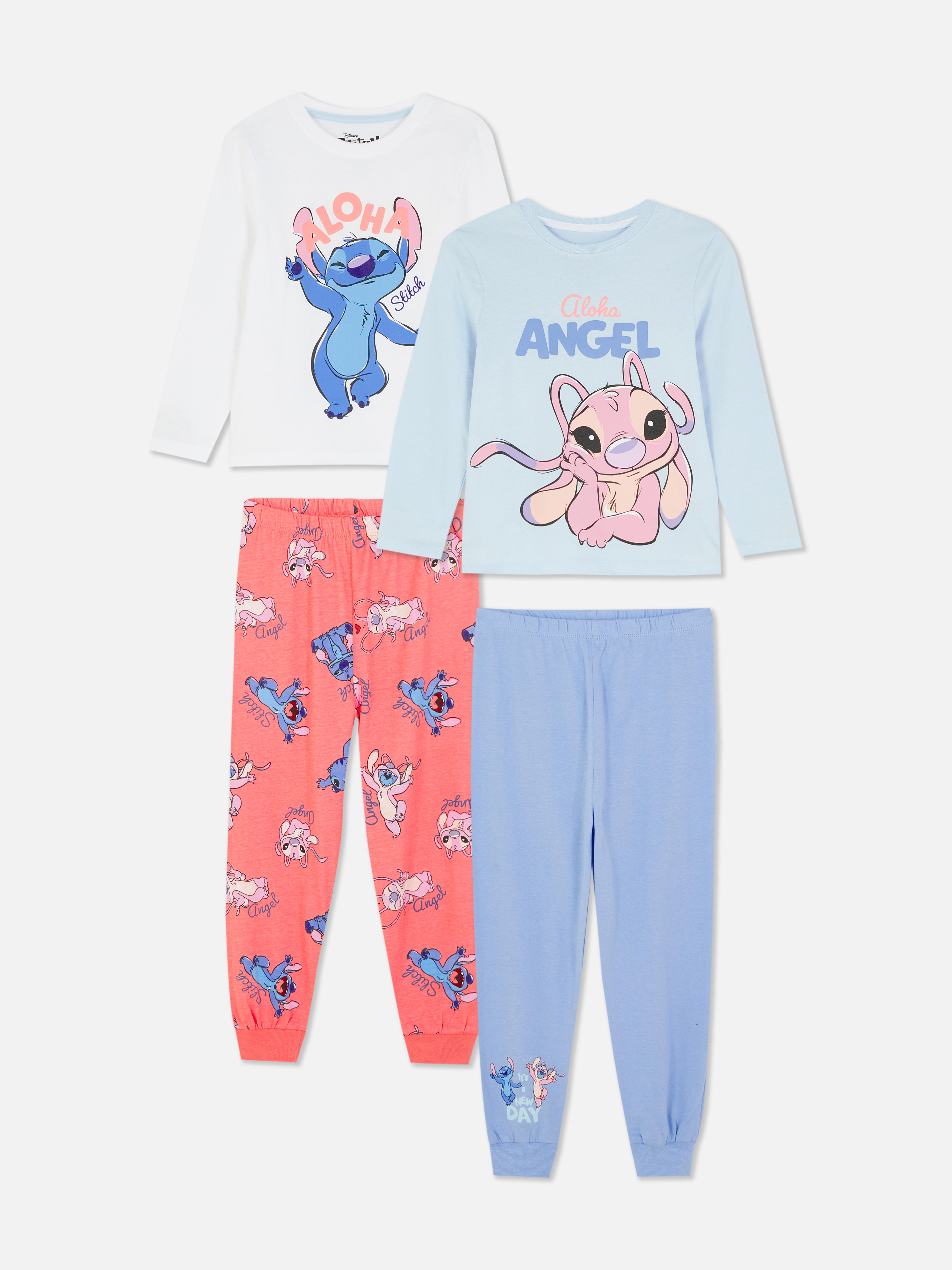 Pijamale Disney Stitch, set de 2. Stitch și Angel de la Disney sunt ambii reprezentați pe aceste pijamale cu mânecă lungă din bumbac.