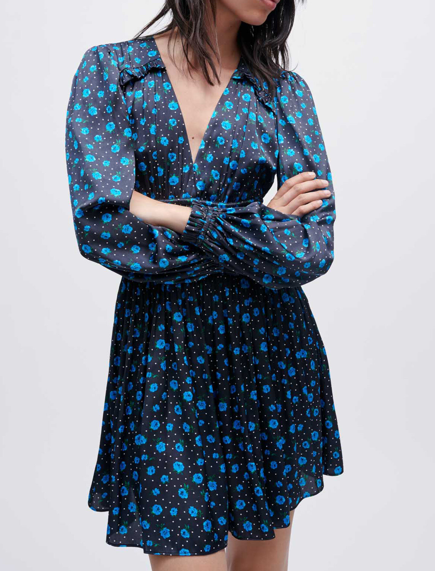 Rochie din satin imprimat cu volane - Mini fleurs bleu