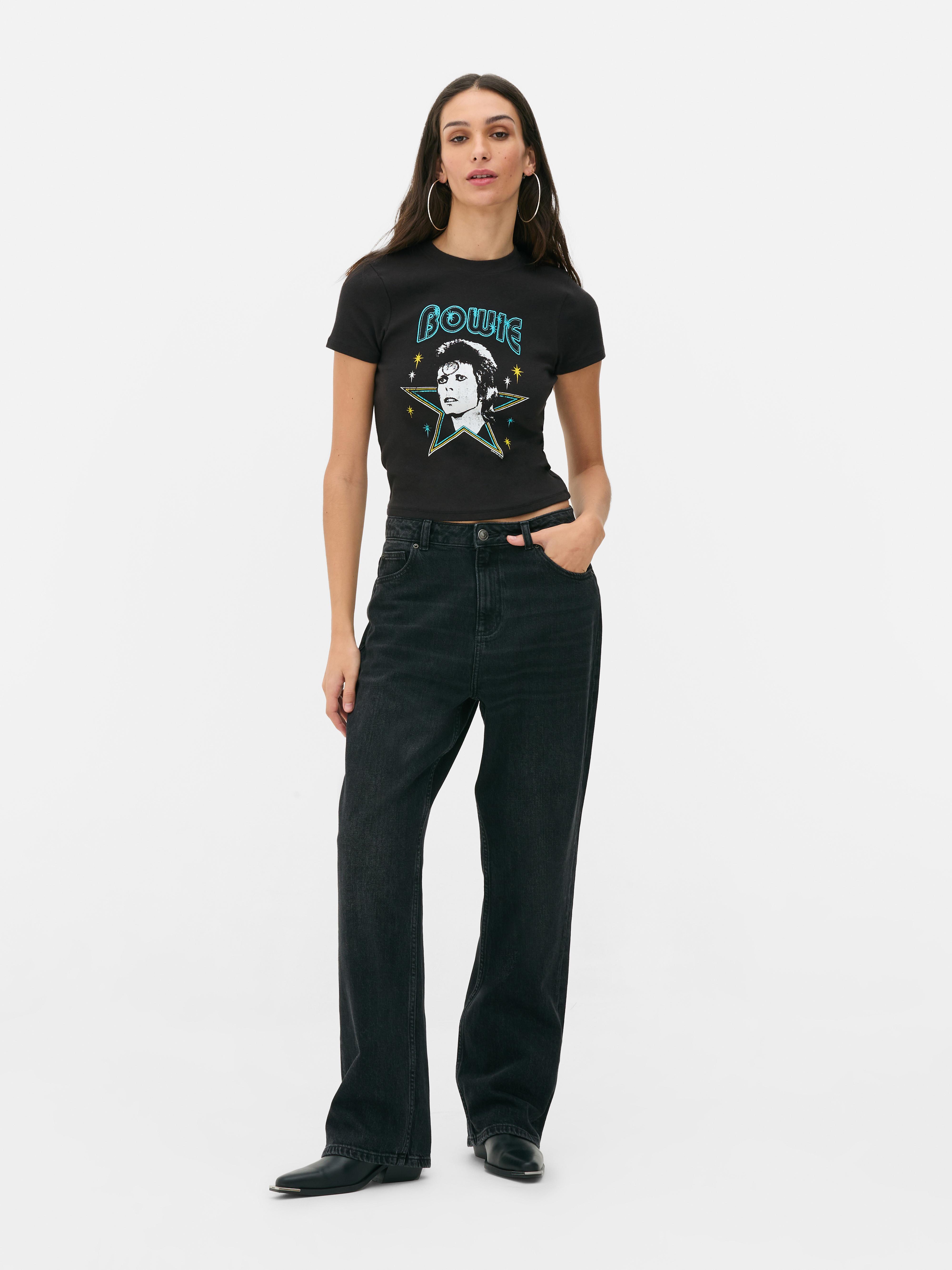 David Bowie Kurzarm-T-Shirt Ein Kurzarm-T-Shirt mit David Bowie-Motiv und Rundhalsausschnitt