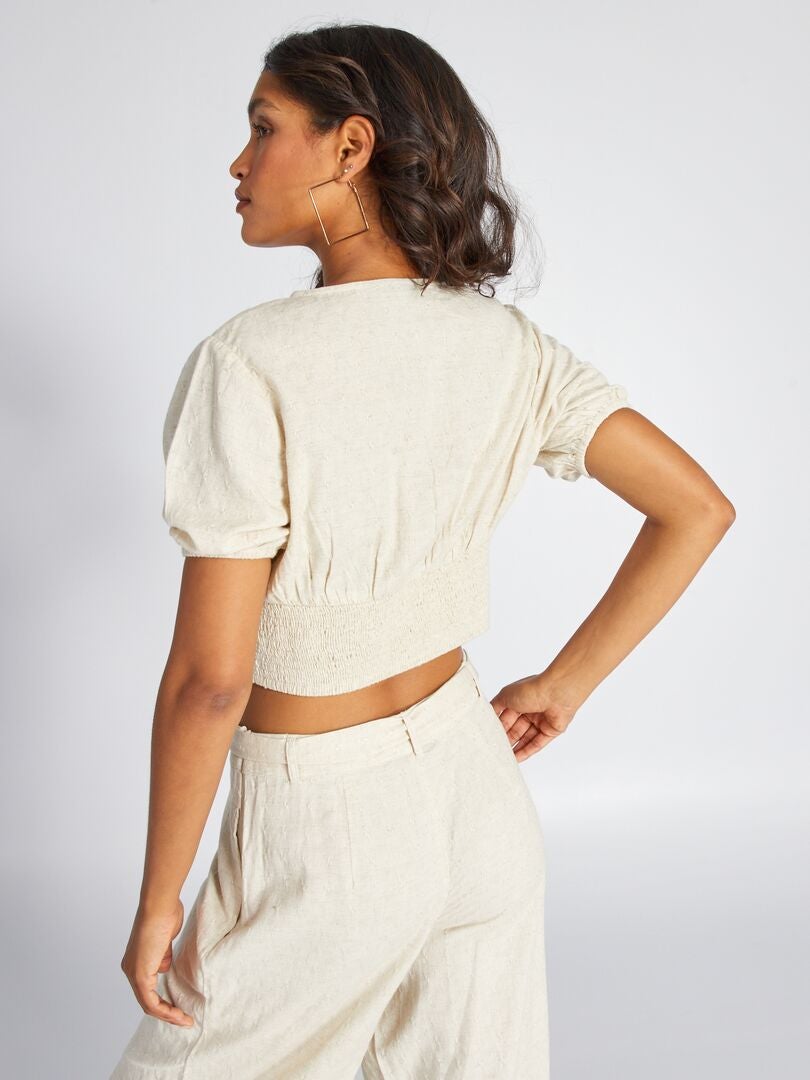 Top cropped de linho com decote profundo - BEGE