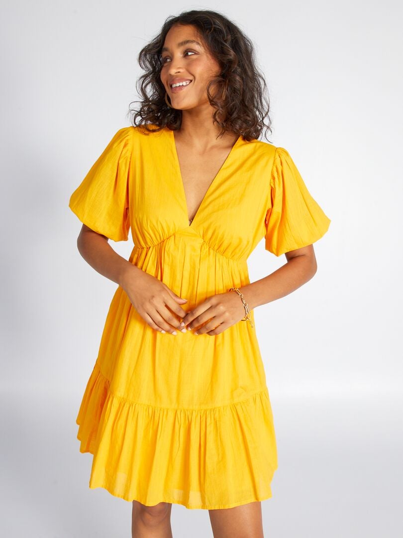 Vestido acampanado con volantes de voile de algodón - AMARILLO