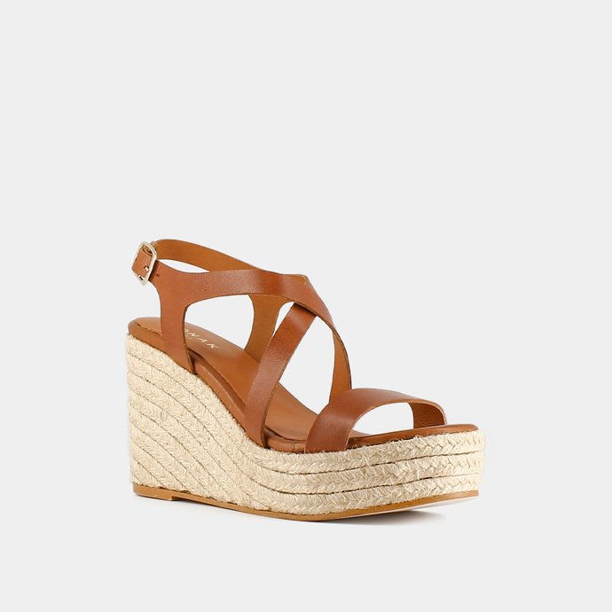 Espadrilles à brides croisées compensées  en cuir cognac