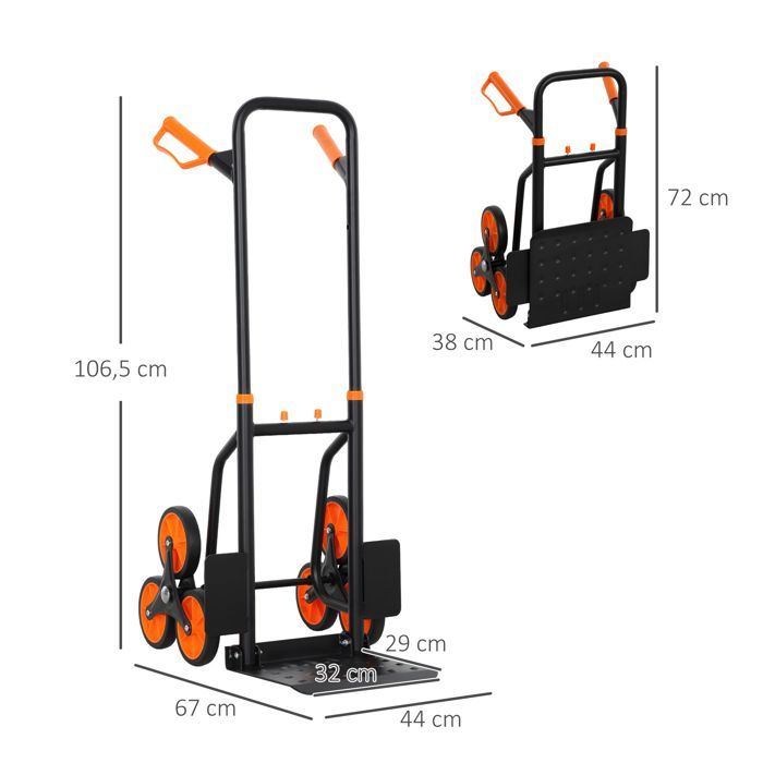Carretilla elevadora para escaleras - DURHAND - plegable - 120 kg - 6 ruedas - cuerdas telescópicas - estructura de acero - 44x38x106,5 cm - naranja