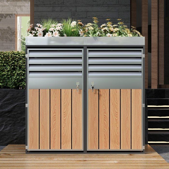 Recinto doble para contenedores - LANGTU - Recinto doble para contenedores con jardinera - Acero galvanizado - Ventilado - Puertas con cerradura
