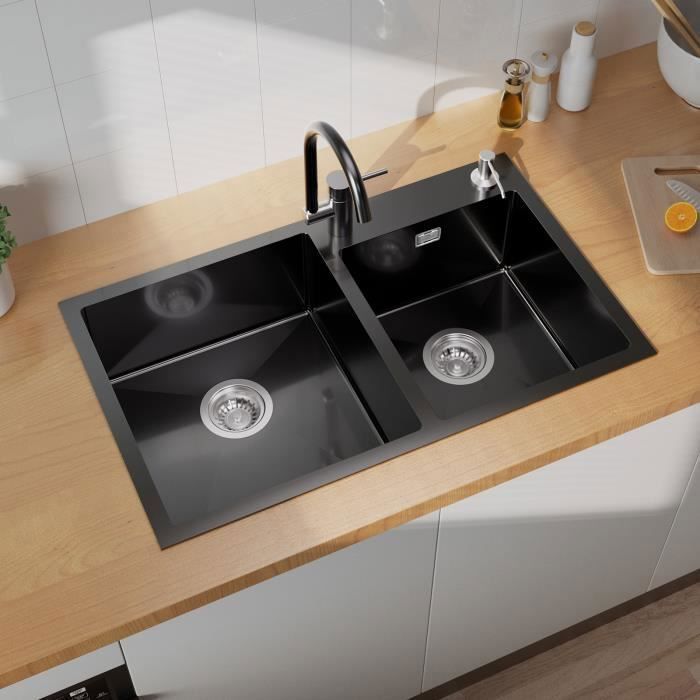 Évier 2 Bacs 75x45x19CM Évier en Inox 304 Évier Cuisine Noir avec Distributeur de savon et Ensemble de Drainage