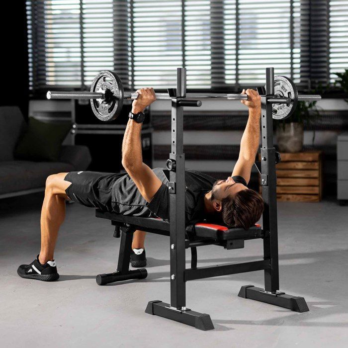 Hop-Sport HS-1080 Platte opklapbare halterbank met halterrek, multifunctionele trainingsbank, verstelbare beensteunen