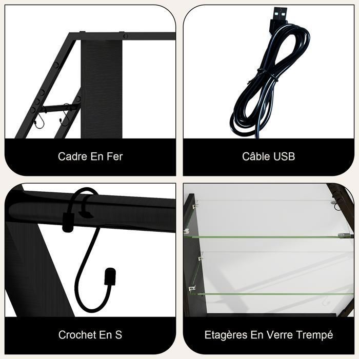 Étagère Murale avec Éclairage LED RVB, 5 Niveaux de Rangement, Étagère Flottante en Métal et Verre, Noir