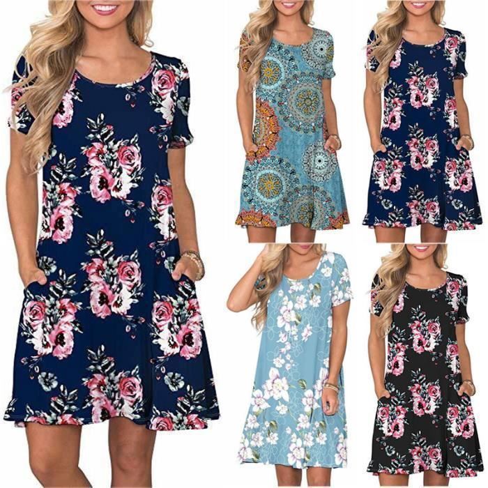 Robe Femme Ete Manches Courte Imprimé Casual Robe Mi-longue Col Rond Avec Poches - Bleu marine