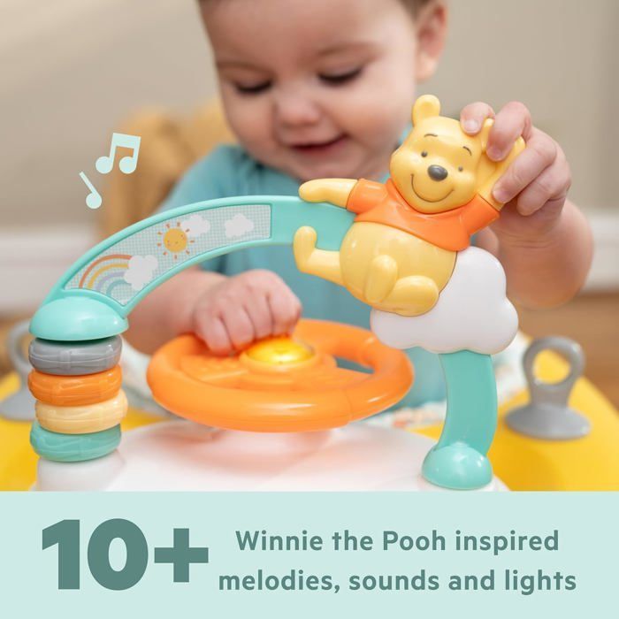 DISNEY BABY -WINNIE- Girello convertibile e pieghevole 2 in 1, con giocattolo attività integrato e rimovibile, musica, luci e altezza regolabile.
