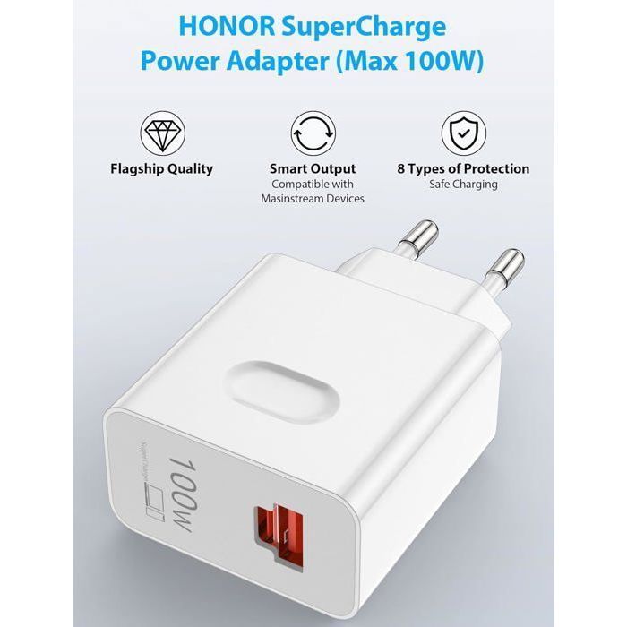 100W Supercharge Fast Charger for Honor 200 Pro+ 200 Lite, 2 PD Ports Fast Charger with 6A 1m USB-C Cable, Supercharge Charger