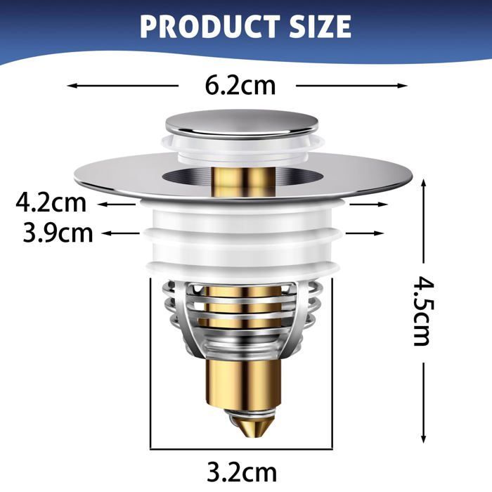 Piletta di scarico universale a scomparsa per lavabo, diametro 32-42 mm - confezione da 2, in acciaio inox e ottone, con filtro anti-intasamento.