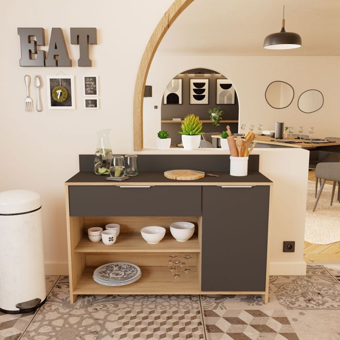 Buffet de cuisine - Décor chêne brut et noir - Contemporain - 1 porte - MIKE -  L 123 cm