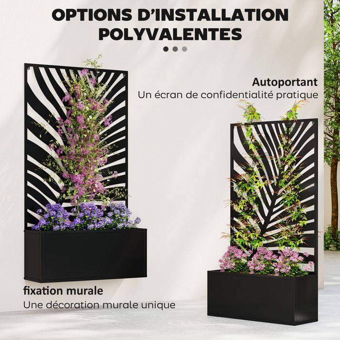 Macetero con enrejado - Outsunny - jardinera con pantalla metálica para mayor privacidad - para patio, jardín, balcón - 61 x 23 x 113 cm - negro