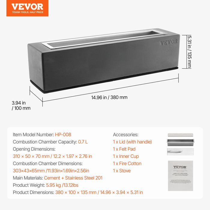 Chimenea de sobremesa VEVOR - 380x100x135 mm - Chimenea portátil de bioetanol con tapa extintora - para patio y balcón