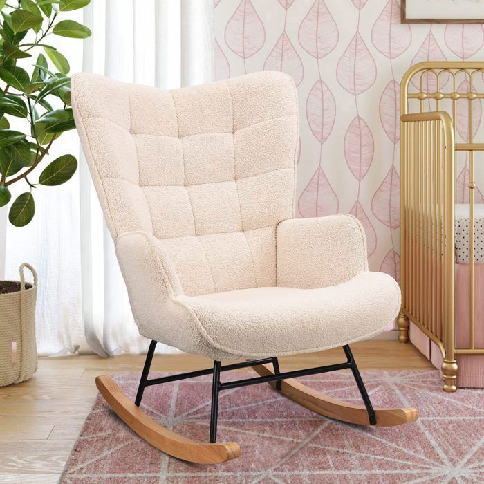 Fauteuil à bascule - SOMUBI - Beige - Bois massif - Cadre en métal - Dossier haut et rembourré