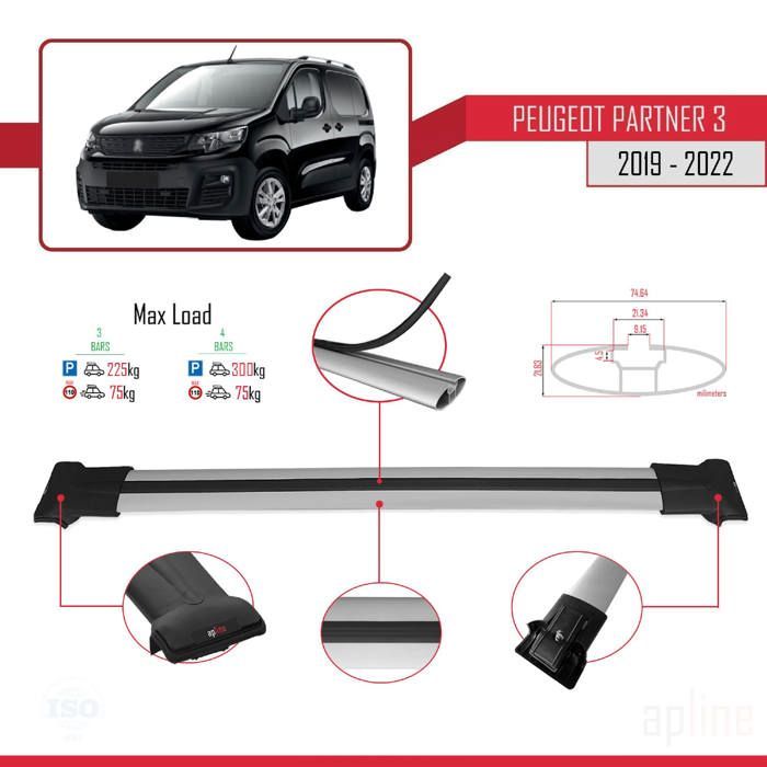 Barras de techo FLY para Peugeot Partner 2019-2023: 4 barras de aluminio, capacidad de carga de 300 kg, color gris.