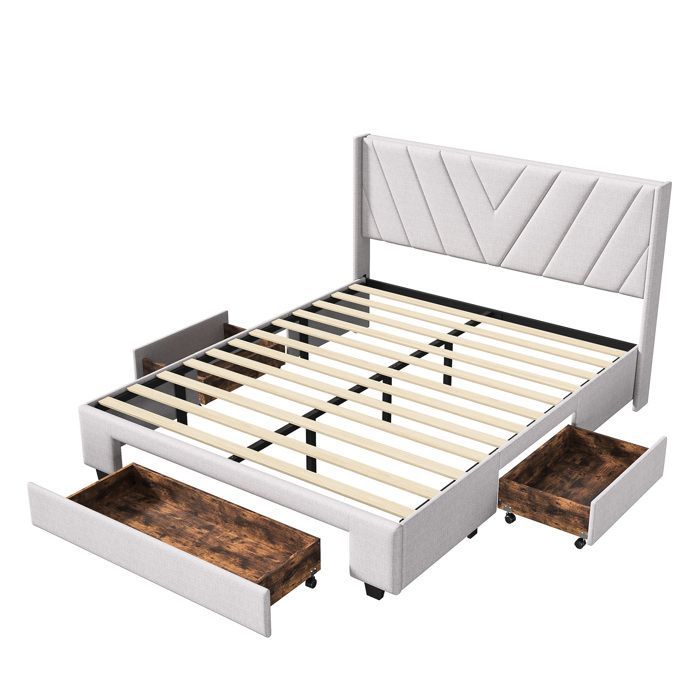 Letto matrimoniale 160 x 200 cm con rete a doghe, letto imbottito con 3 cassetti, tessuto di lino, beige