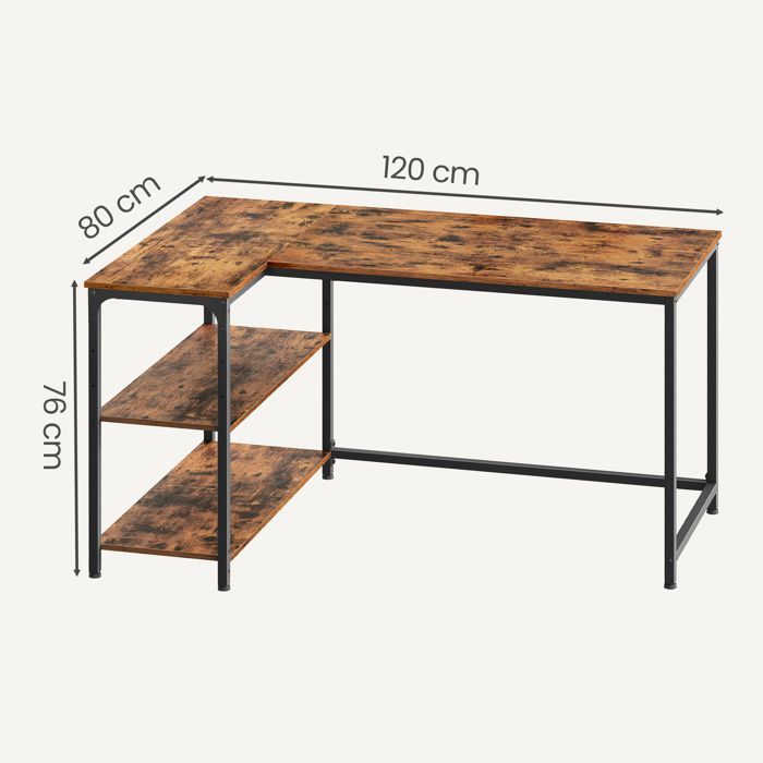 L-shaped desk, adjustable shelves with storage, 120 x 80 cm, brown