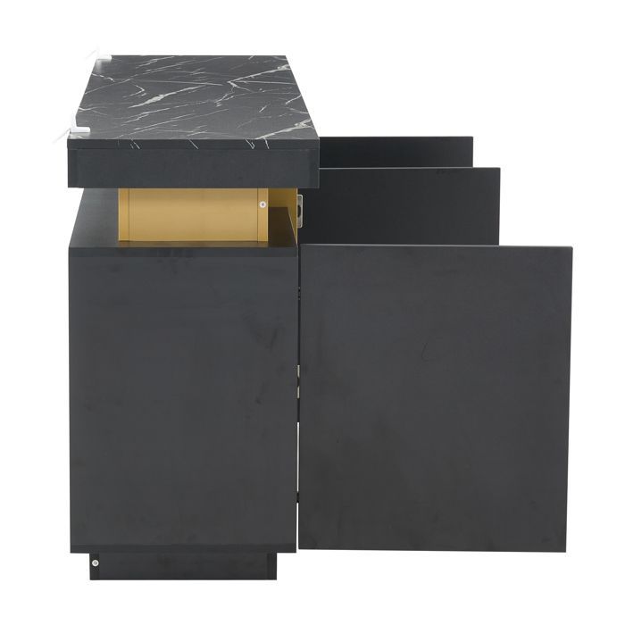 Aparador con efecto mármol negro, 140 cm - Armario de 3 puertas con tapa de mármol, 6 compartimentos, capacidad de 45 kg, diseño moderno y elegante.