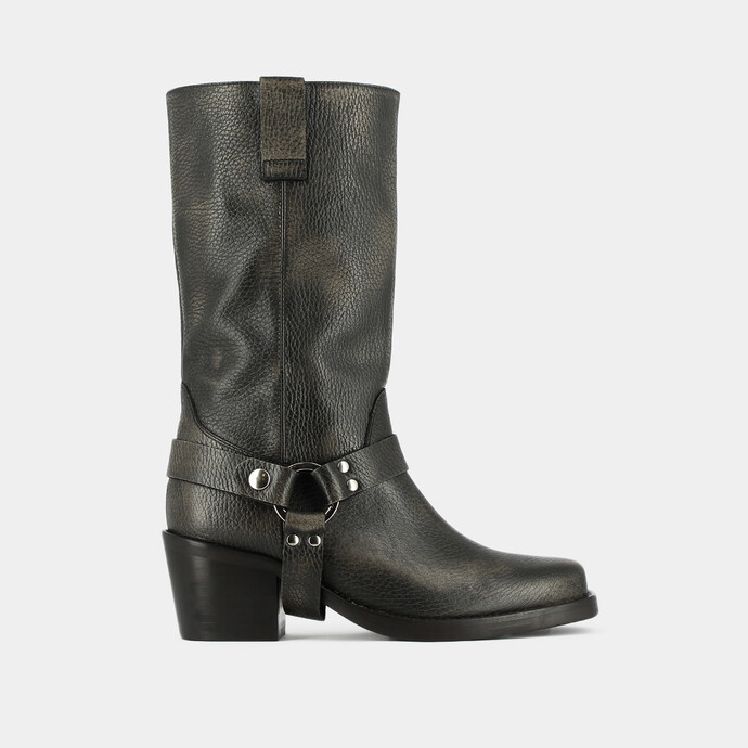 Bottes à bouts carrés et boucles argentées  en cuir grainé gris