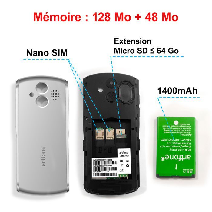 Artfone A400 Téléphone Portable 4G pour Seniors, Grandes Touches, Bouton SOS, Batterie 1800mAh, Station de Charge, Dual SIM, Blanc