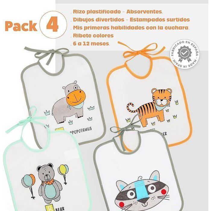 Ti TIN | Pacote com 4 Babadores Impermeáveis para Bebê | Forro de Vinil | Fecho com Fita | Para Bebês de 6 a 18 Meses