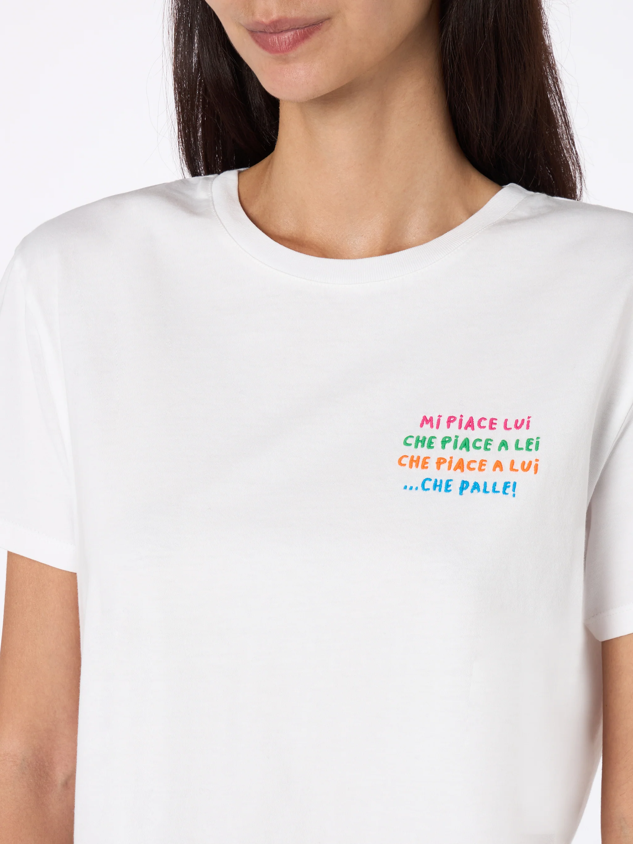 Emilie dames T-shirt met ronde hals, wit, van katoenen jersey, met borduurwerk