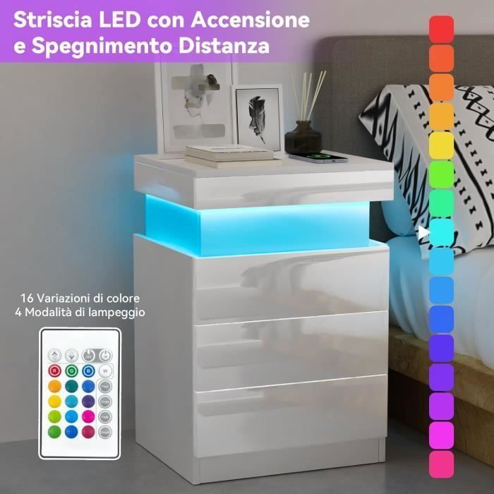 Nachttisch mit USB-Anschlüssen und Steckdosen – LDSZXNE – Weiß – 3 Schubladen – 16-farbige LED-Beleuchtung