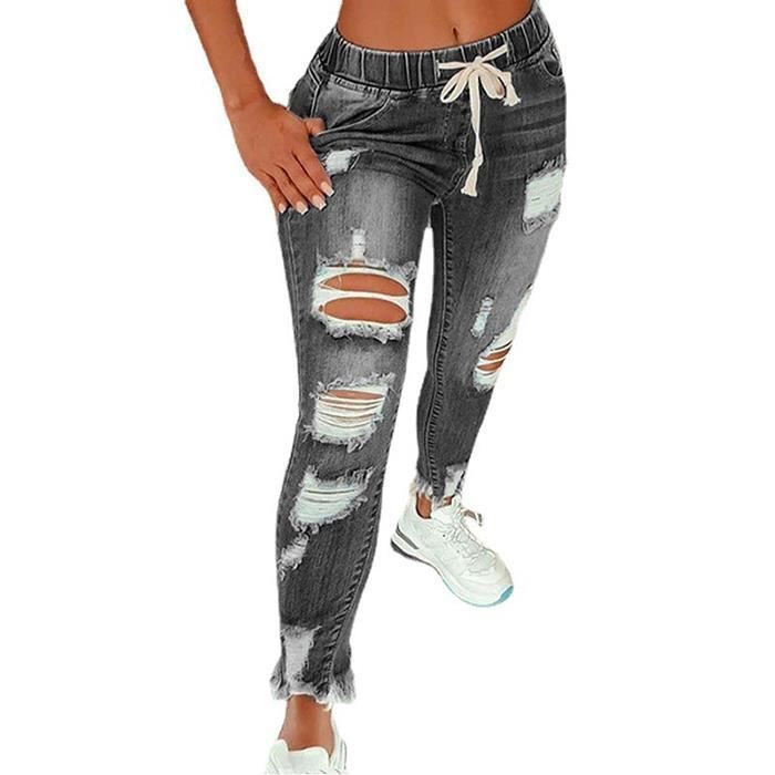 Jeans Femmes - FUNMOON - Bande Élastique Stretch Liens À La Taille - Gris - Slim - Fit Casual/Ville/Plein Air