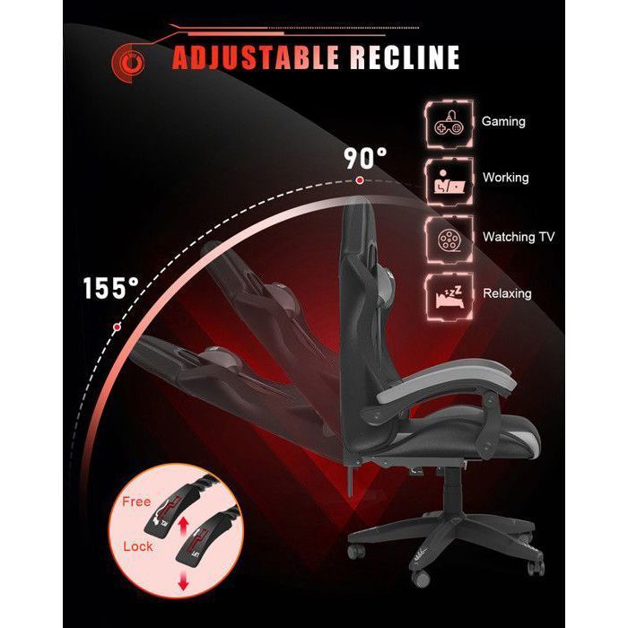 Silla gaming con efectos de iluminación LED, sillón con soporte lumbar y reposacabezas, respaldo regulable en altura, color gris.