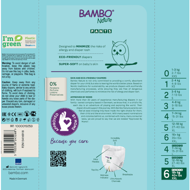 Pañales tipo pantalón Bambo Nature para niños y niñas, ropa interior ecológica T6 16 kg 18 unidades 18 unidades