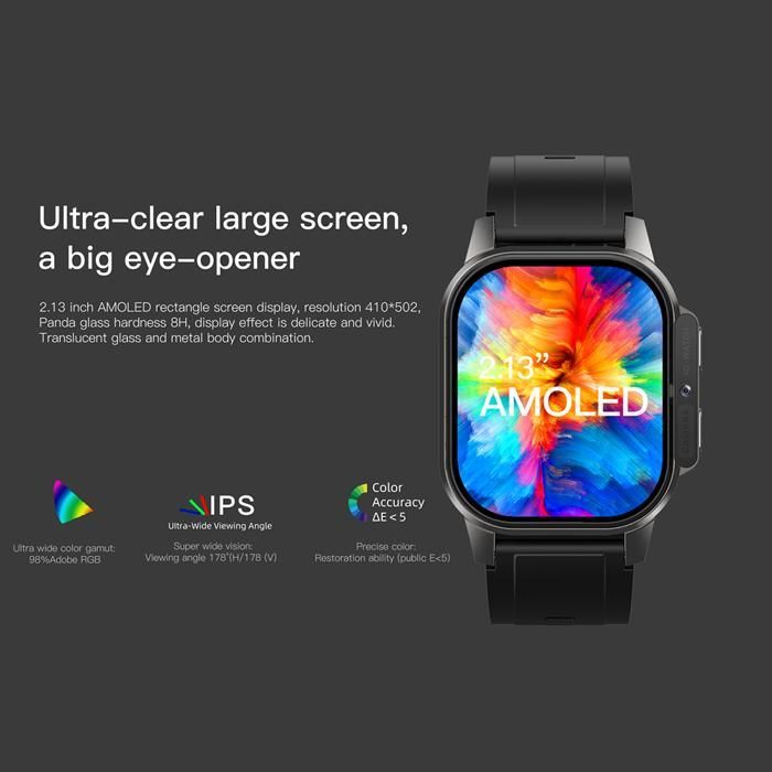AIEK DM62 4G Smartwatch, 2,13 Zoll, WLAN, SIM-Karte, GPS, Kamera, Sportuhr, Schwarz, 16 GB