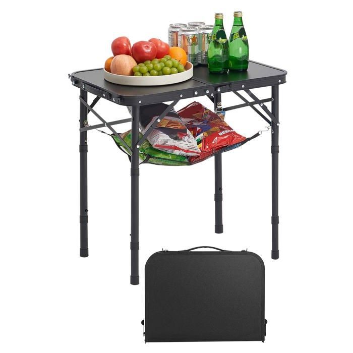 Mesa plegable de camping VEVOR 60x40 cm - Mesa auxiliar portátil - Tablero de malla y asa de transporte - Aluminio MDF - Negra