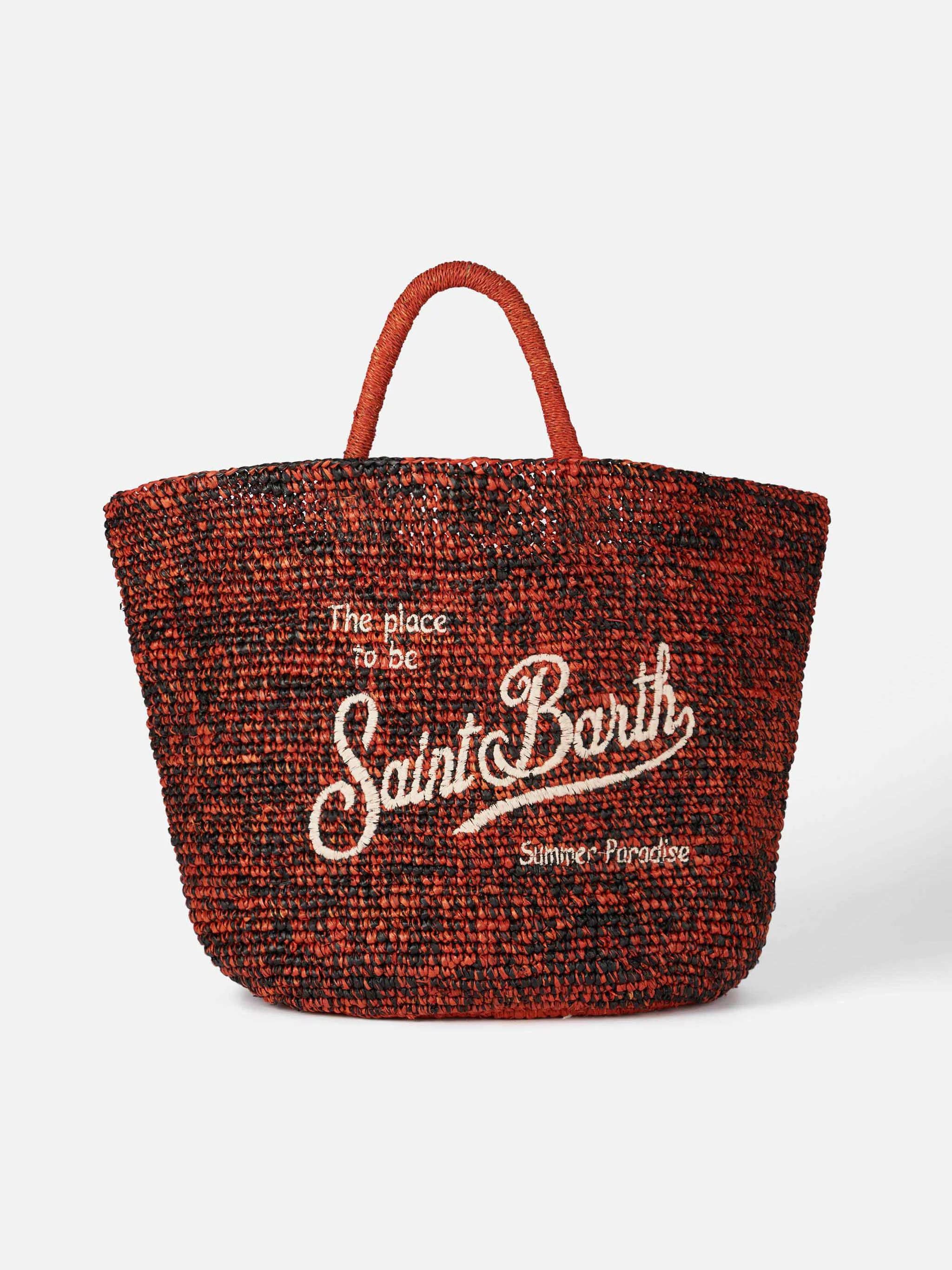 Bolso de rafia negro y naranja con bordado frontal.
