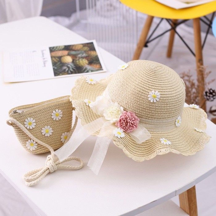 Conjunto de sombrero de paja y bolso FUNMOON para niña - Chanclas Panamá con estampado de girasoles para viajes al aire libre