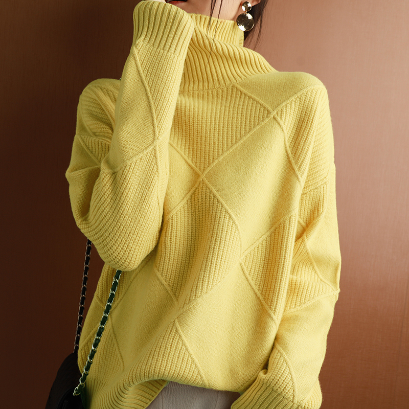 Pull en cachemire pour femme, col roulé, couleur unie, tricoté, 100 % pure laine, coupe ample, grande taille.