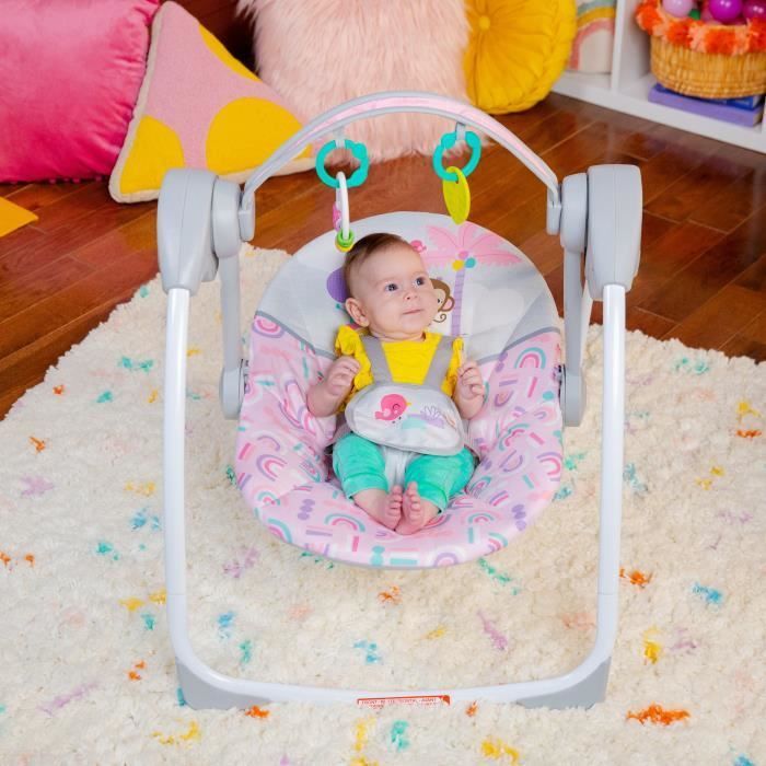 Columpio eléctrico compacto para bebés BRIGHT STARTS – Animales, rosa, 6 velocidades de balanceo, 10 canciones, 2 posiciones de reclinado