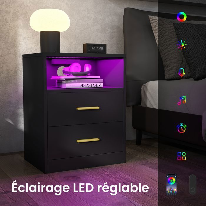 Conjunto de 2 mesas laterais modernas com gavetas, luzes LED, tomadas e portas USB, para quarto, pretas.