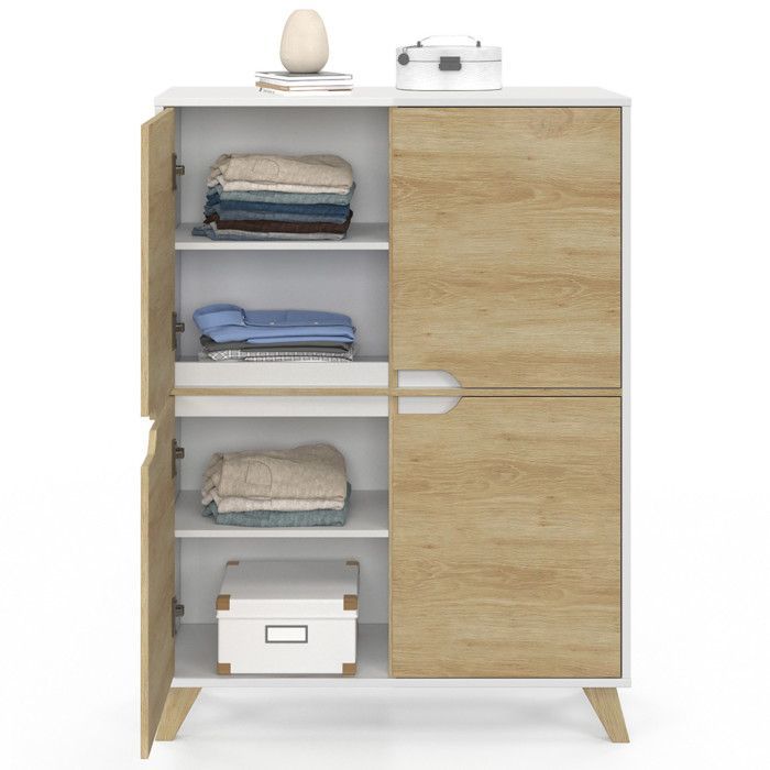 Mueble de almacenamiento IDMARKET HELSINKI de 4 puertas, estilo escandinavo, blanco y madera.
