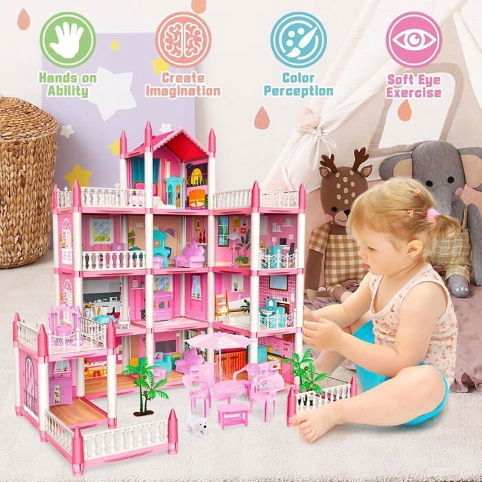 Casas de muñecas para niñas con muebles y decoración, 11 habitaciones, 4 figuras, 4 pisos, luces, regalo DIY para