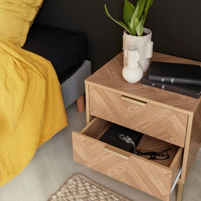 Table de chevet effet bois décor chevrons 2 tiroirs BUDAPEST