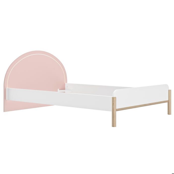 Cama de 120 cm x 190 cm con iluminación LED y cabecero rosa con efecto madera.