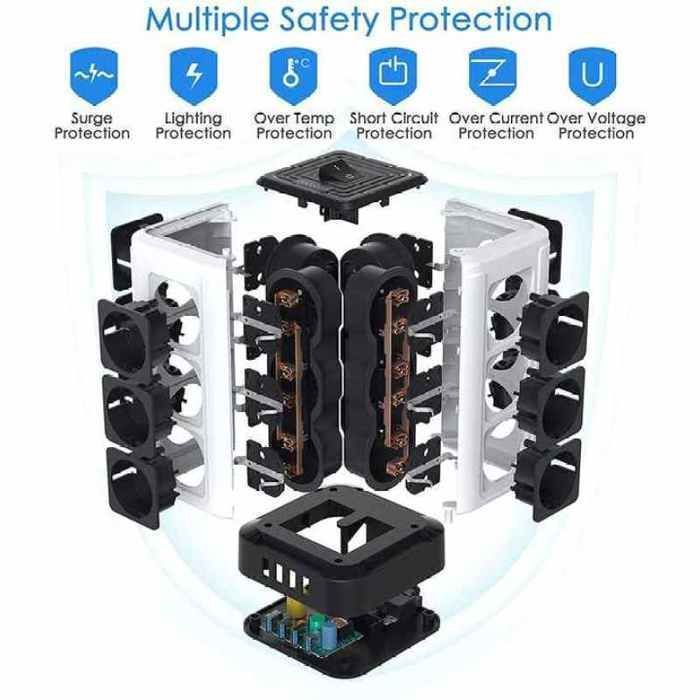 Tower Power Strip Surge Protector with 12 Outlets, 4 USB Ports (4.5A), 2m Cord, 16A/4000W, Black