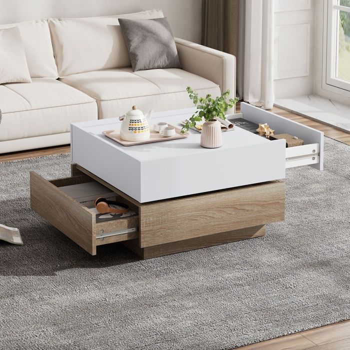 Square Coffee Table with 2 Drawers and 360° Swivel Top, Modern Design Side Table 60x60x38cm Walnut