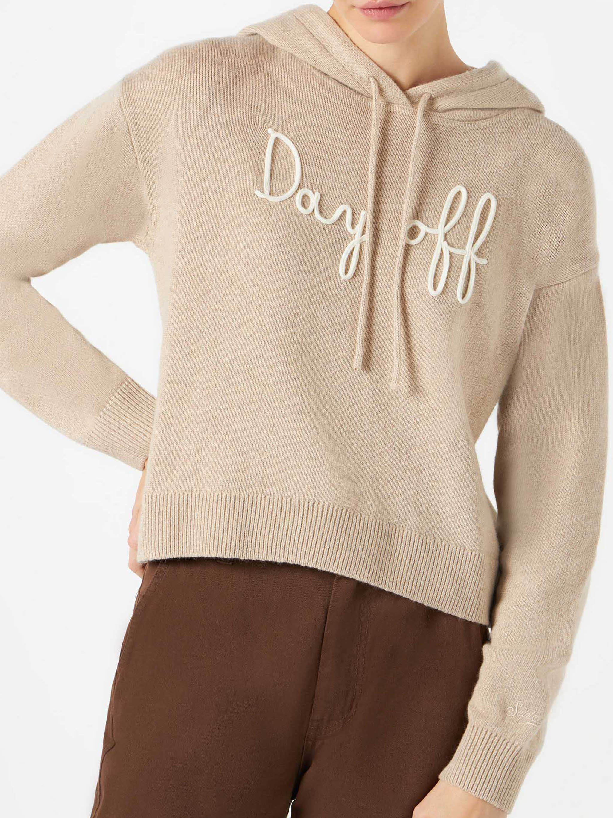 Damen-Strickhoodie in kurzem Schnitt mit „Day Off“-Stickerei