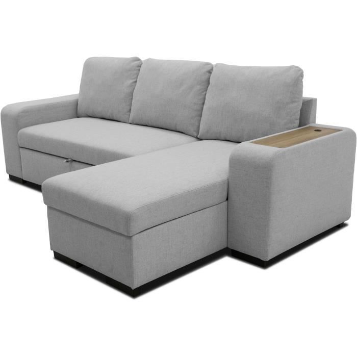 Canapé d'angle convertible réversible VALDO 3 à 4 places - Tissu Souris - Tablette avec USB - Coffre + Pouf - L247xP143xH86 cm