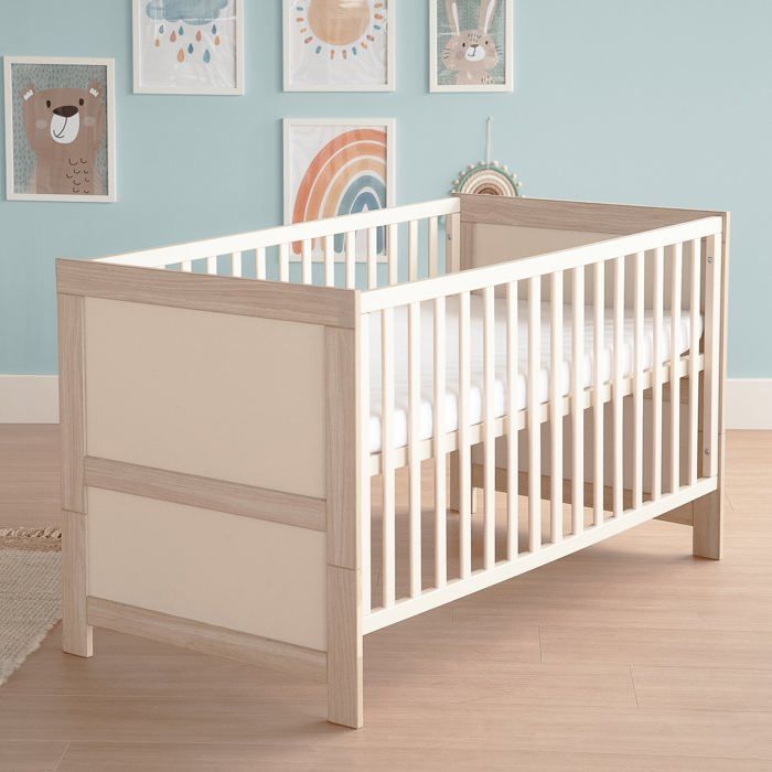 Conjunto de dormitorio convertible para bebé ROBA Momo - Cuna de 70x140cm + cambiador de 3 cajones - Beige cachemir - Roble Tristan