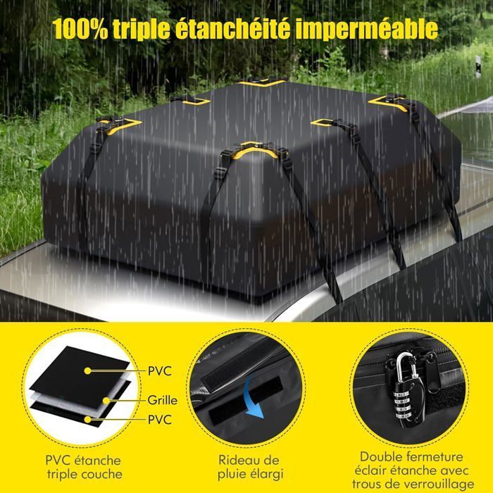Cofre de techo impermeable para coche COSTWAY de 600 L - 14 correas, 6 ganchos para la puerta, sistema de cierre, alfombrilla antideslizante, bolsa de almacenamiento